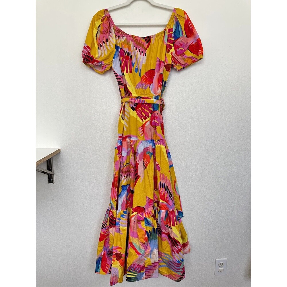 Farm Rio by Anthropologie Neon Macaws Puff Sleeve Maxi Dress Tiered Women Small - Picture 10 of 11